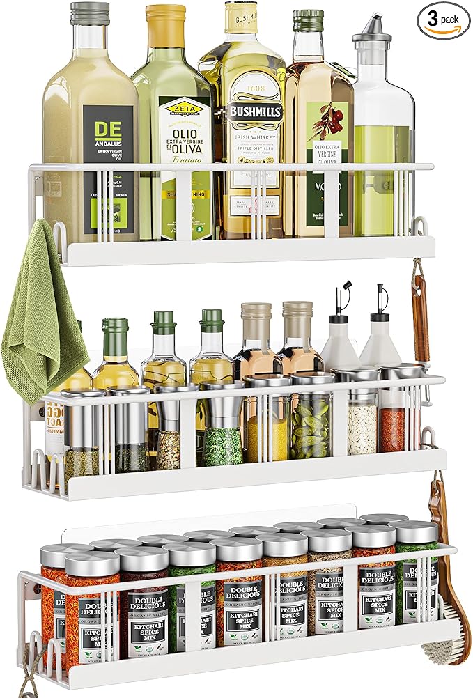 Spice Rack Wall Mounted 3 Pack, Space-Saving Spice Organizer for Spice Jars and Seasonings,Screw or Adhesive Hanging Spice Rack Organizer for Your Kitchen Cabinet,or Pantry Door White