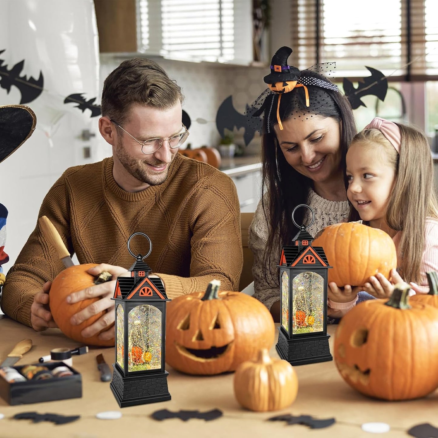 Halloween Snow Globe Lantern, Spooky Ghost Halloween Decor, Plug-in & Battery Operated Snow Globes for Halloween Decorations Indoor