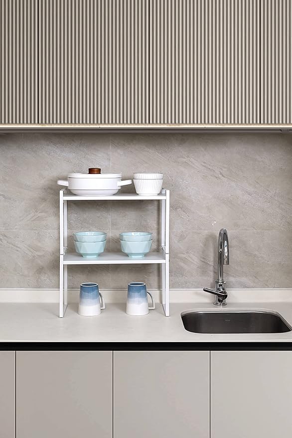 Nxconsu 2Pack Cabinet Shelves Stackable Shelf Organizer Rack Riser for Kitchen Cabinet Pantry Cupboard Counter Countertop Home Organization Storage Space Saver Heavy Duty Metal Nonslip White Wide Tall