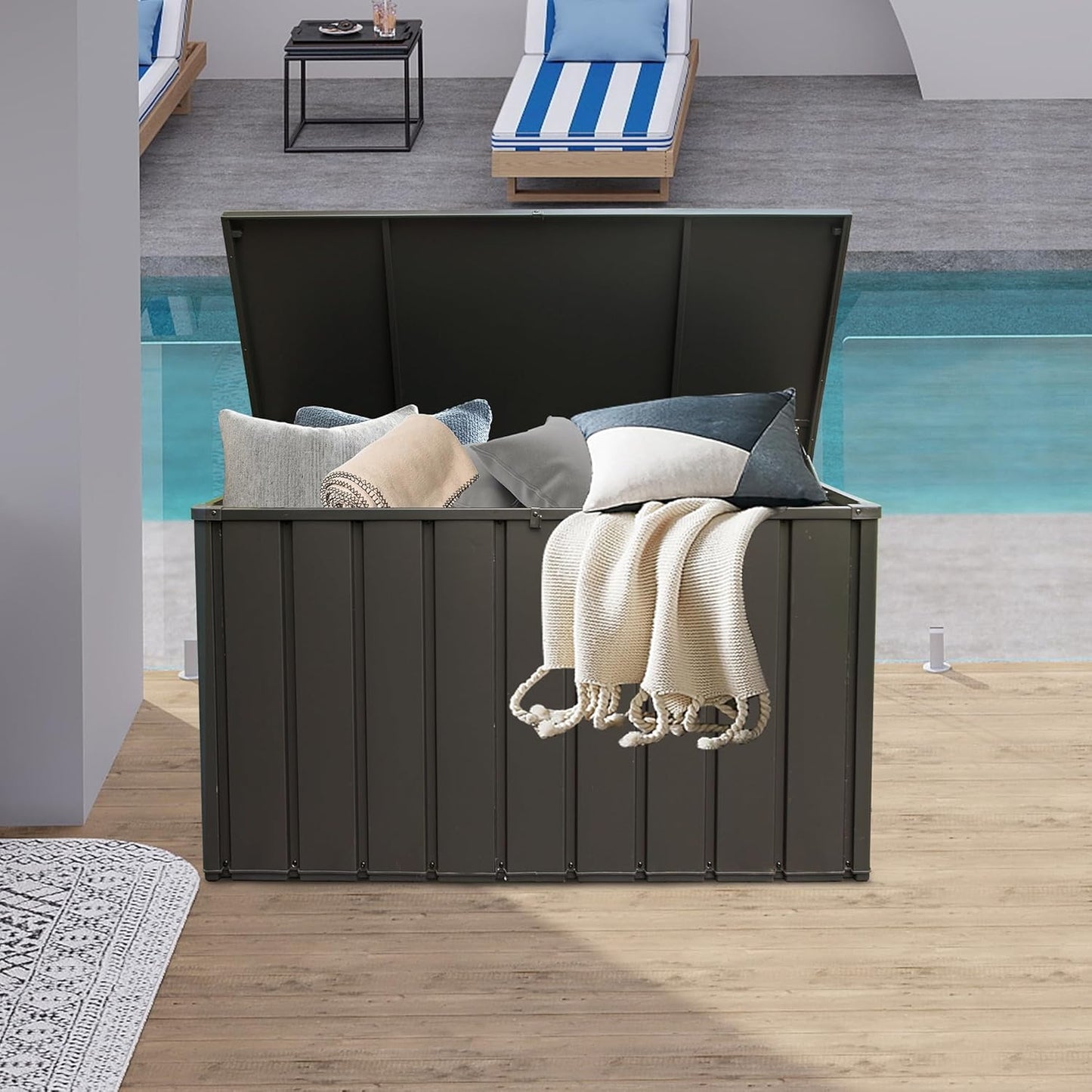 Domi 200 Gallon Deck Box, Outdoor Metal Lockable Storage Cabinet, Waterproof Steel Outdoor Bench with Lockable Lid, Side Handles & Rolling Casters for Outside Cushions, Pillows, Garden Tools, Brown