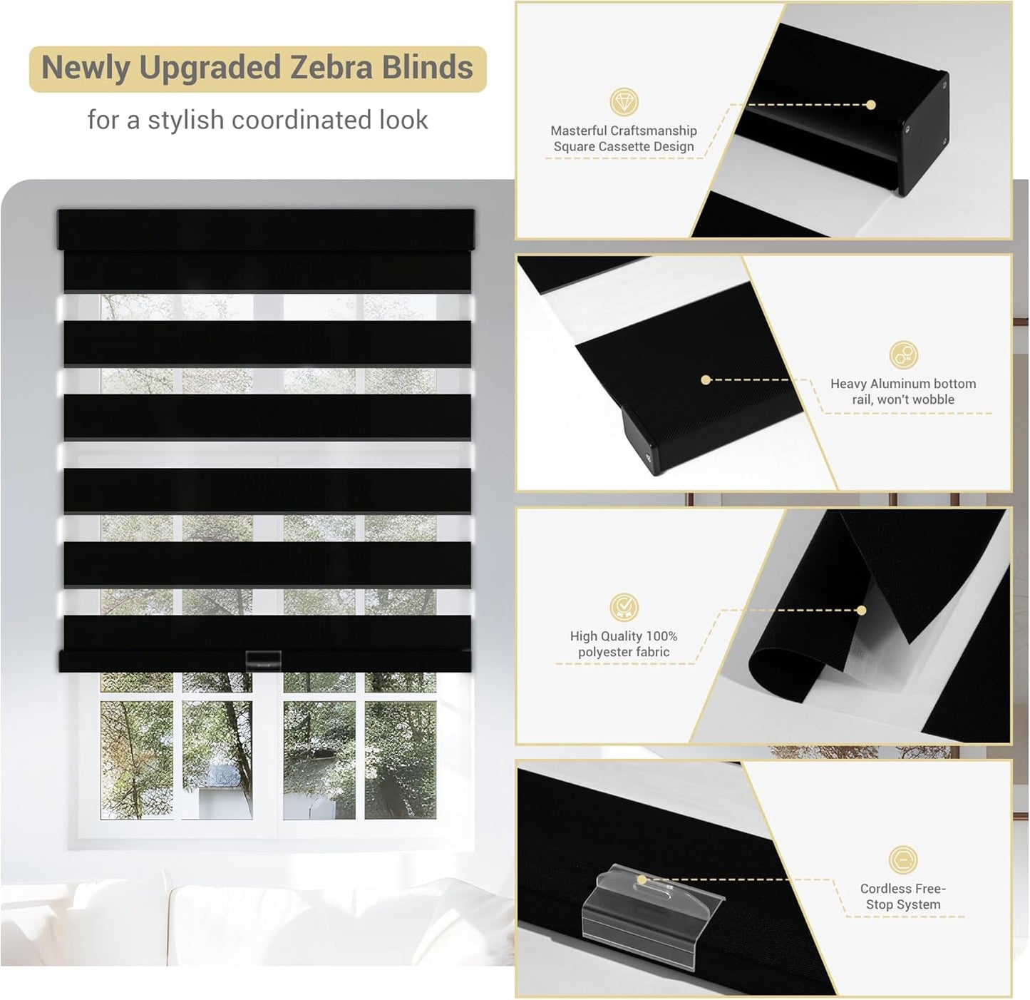 Cordless Zebra Blinds for Windows, Blackout Interior Blinds,Easy to Install,UV Protection,for Offices and Home,Custom Roller Shades, Solid Black, 71" W x 48" H