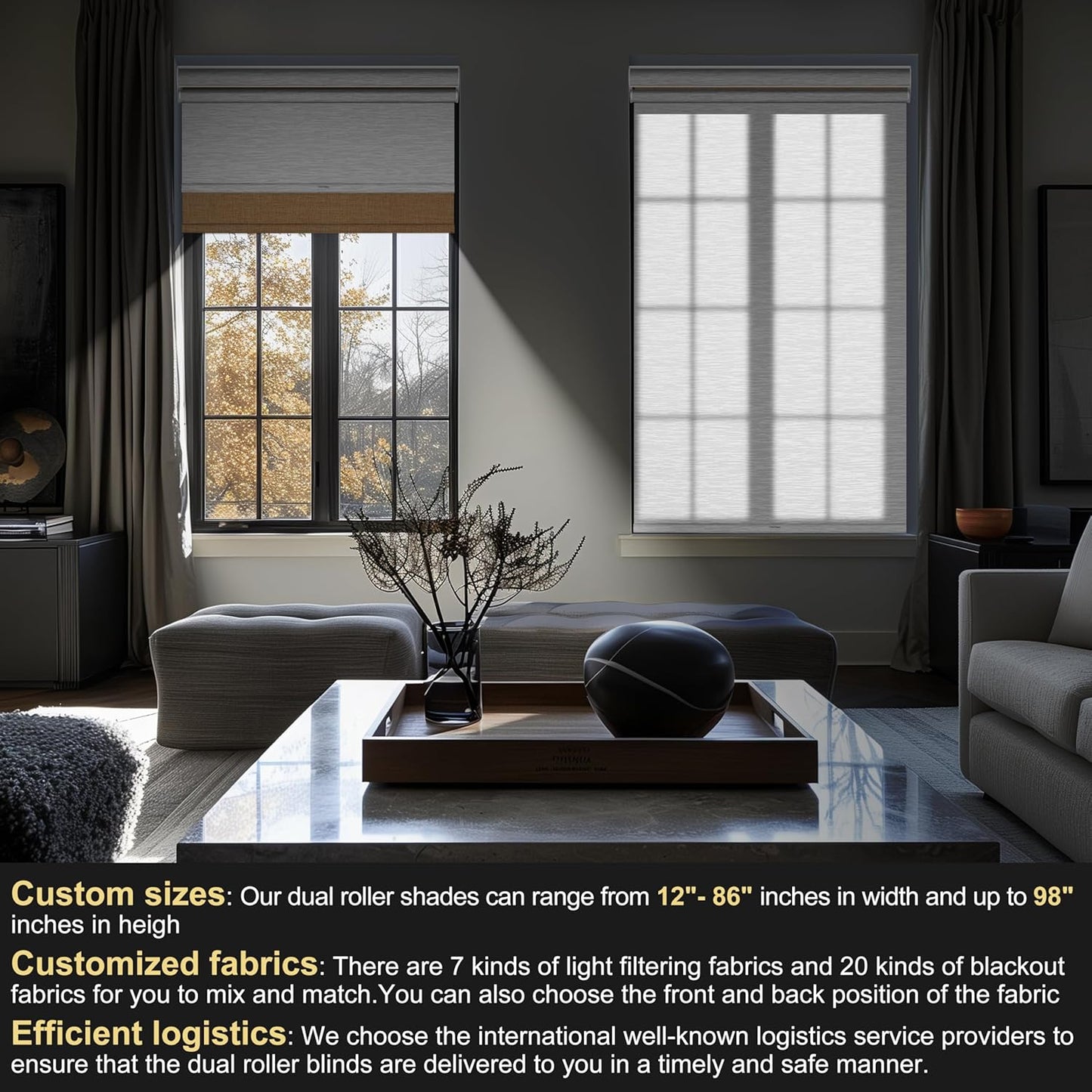 BERISSA Cordless Dual Roller Shades with Cassette Valance,Double Window Shades Blackout and Light Filtering Shades,Day and Night Roller Shades for Home Office Door.Linen Beige and White.27 W x 56" H