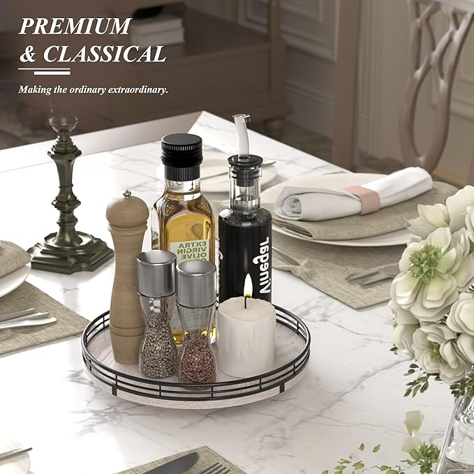 10" Oak Bathroom Vanity Tray Turntable for Perfume Candle, Round Wooden Decorative Tray for Kitchen Sink Countertop Organizer, Bathroom Counter Organizer for Skincare Makeup, Rustic White