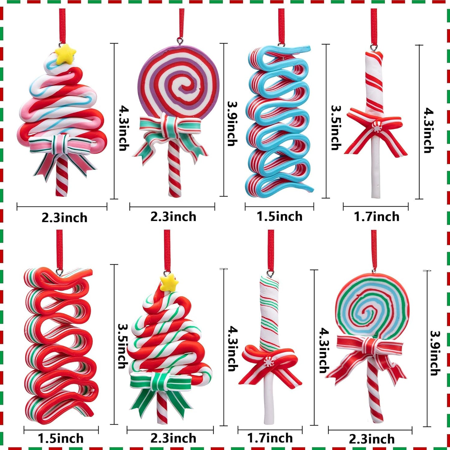 codree 8 PCS Christmas Lollipop Ornaments- Christmas Candies Polymer Clay Ornament- Xmas Decor Candy Cane Hanging Decorations for Xmas Tree Party Supplies