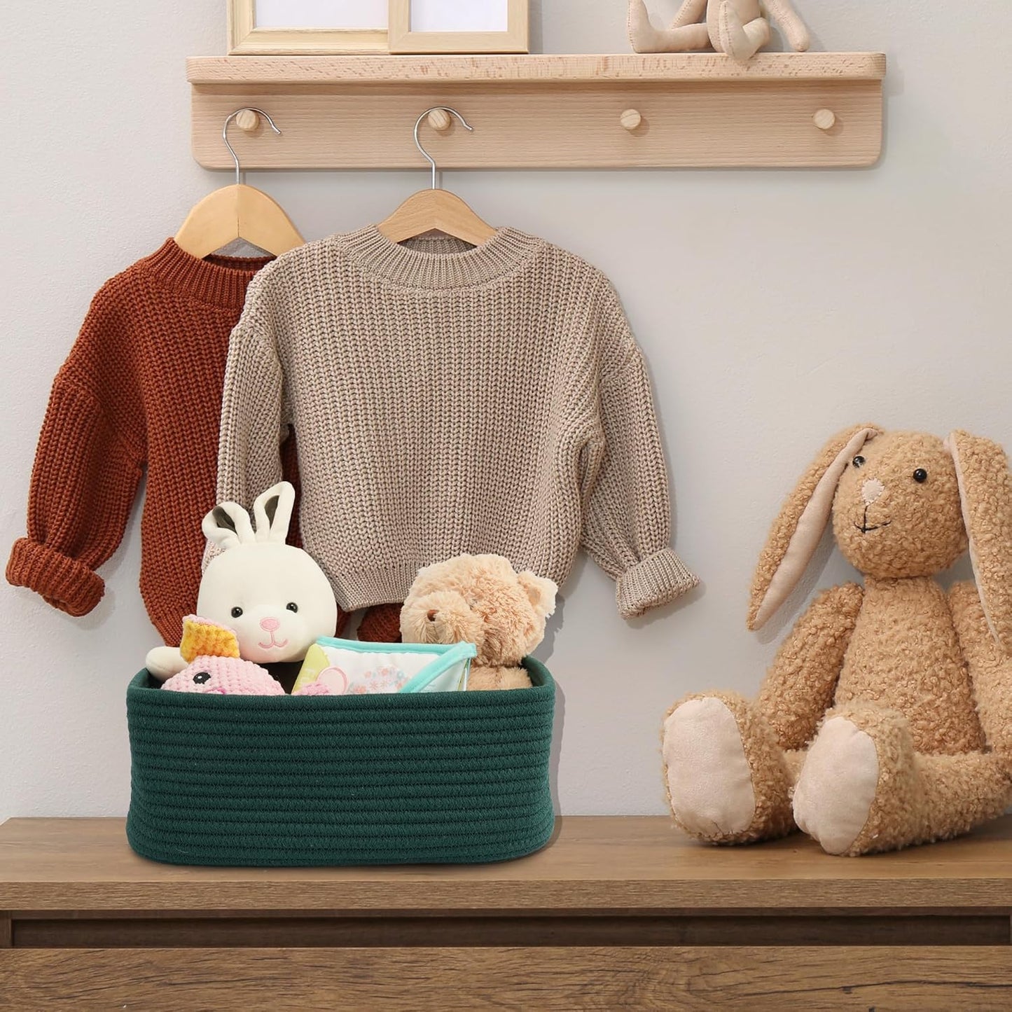 Small Woven Storage Baskets 13“X9”X5“ Decorative Rope Bins for Organizing Shelves, Closets, and Toys, Empty Gift Baskets, Cute Organizer Basket for Home and Office (dark green, Large)