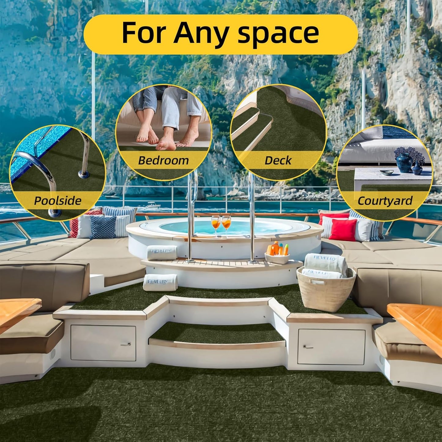 Marine Carpet,5 FT x 15 FT Olive Green Indoor Outdoor Carpet 0.2" Thick with Water-Proof TPE Backing, Non-Slide for Home, Patio, Porch, Deck