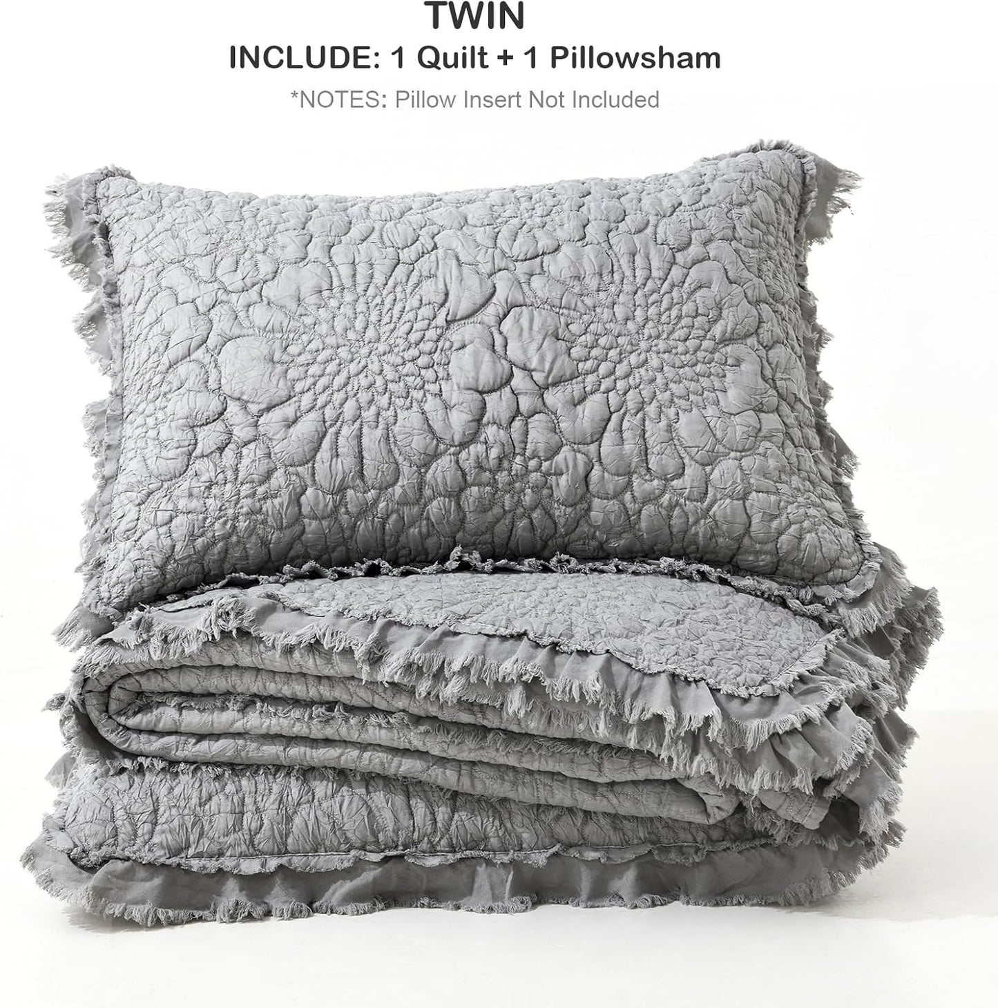 HORIMOTE HOME Dark Grey Ruffled Quilt Twin Size, Stone-Washed Microfiber Lightweight Crinkled Farmhouse Rustic Shabby Chic Bedding Set, 2 Pieces Reversible Bedspread with Pillow Sham for All Season