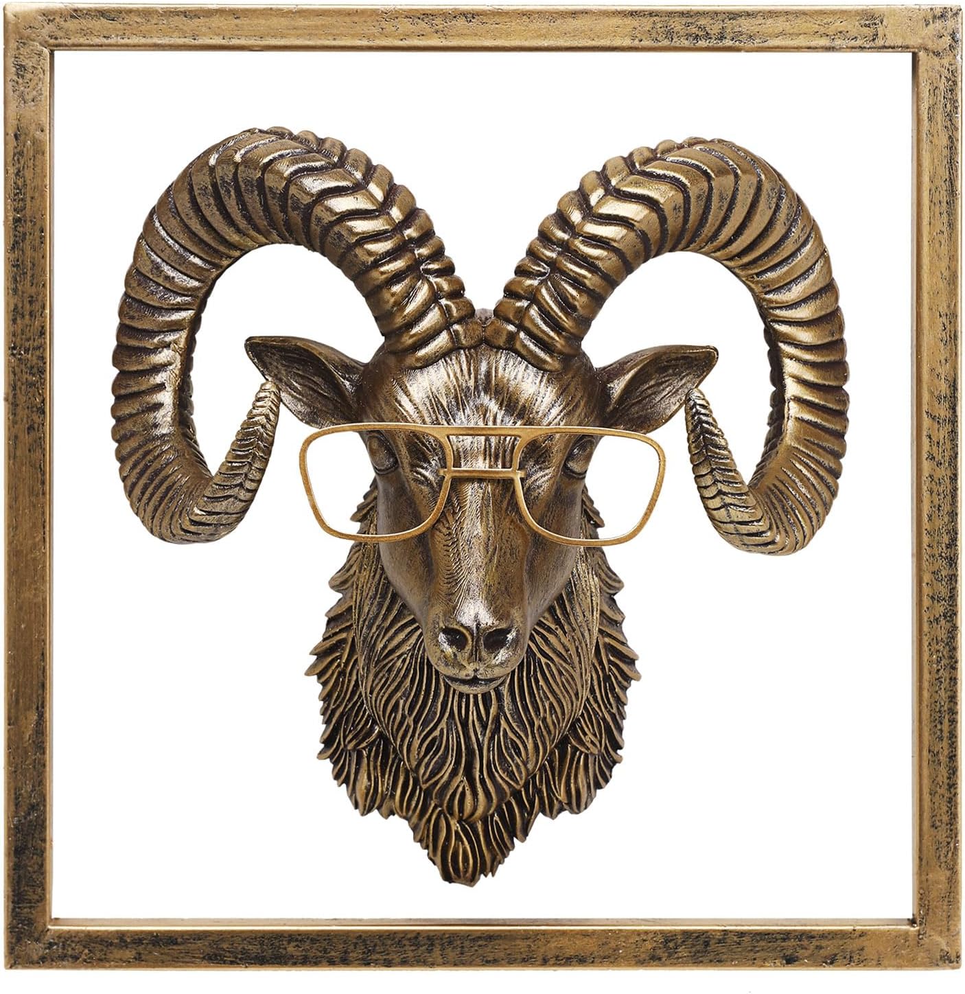 JJALIGHTS Animal Heads Wall Decor Resin Animals Sculptures Head Wall Hanging Decoration Imitation Copper vintage Wall Sculpture for Living Room Bedroom Office(Bighorn,Includes Metal Frame)