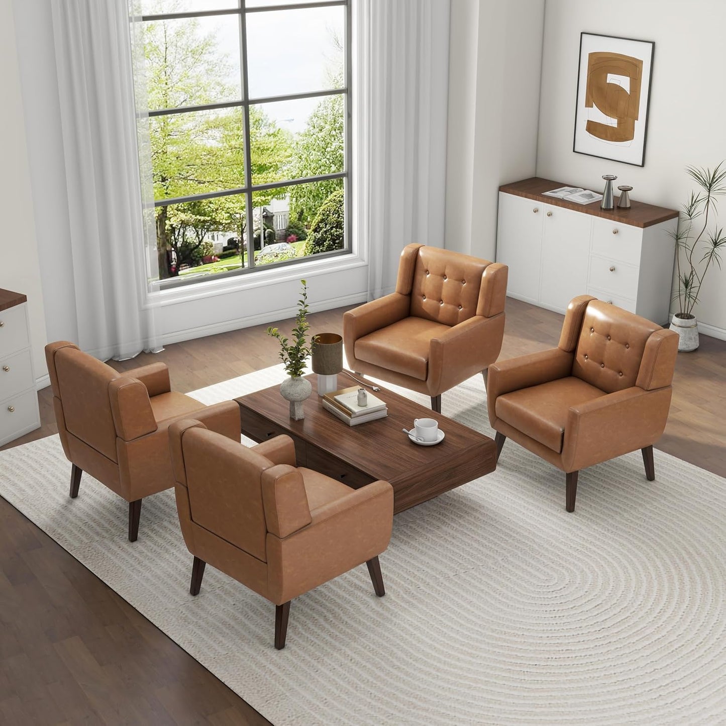 UIXE Faux Leather Accent Chairs Set of 4, Modern Arm Club Chair Upholstered Armchair for Living Room, Comfy Single Sofa Seats Button Tufted Reading Seating, Brown