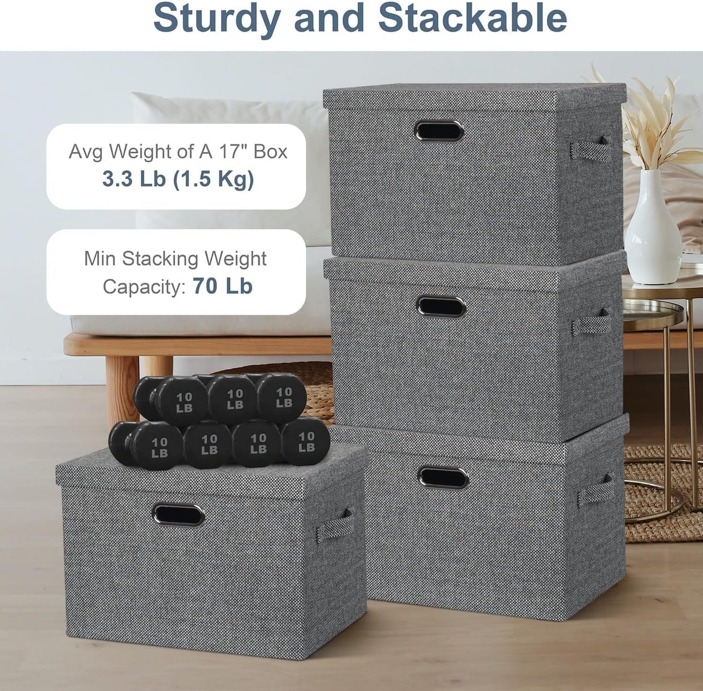 Large 17" 36 Quart Collapsible Stackable Storage Bins with Lids, 3 Packs Black and White Mix Linen Fabric Closet Boxes with Lids, Storage Cube Baskets Container Organizers (17x12x11)