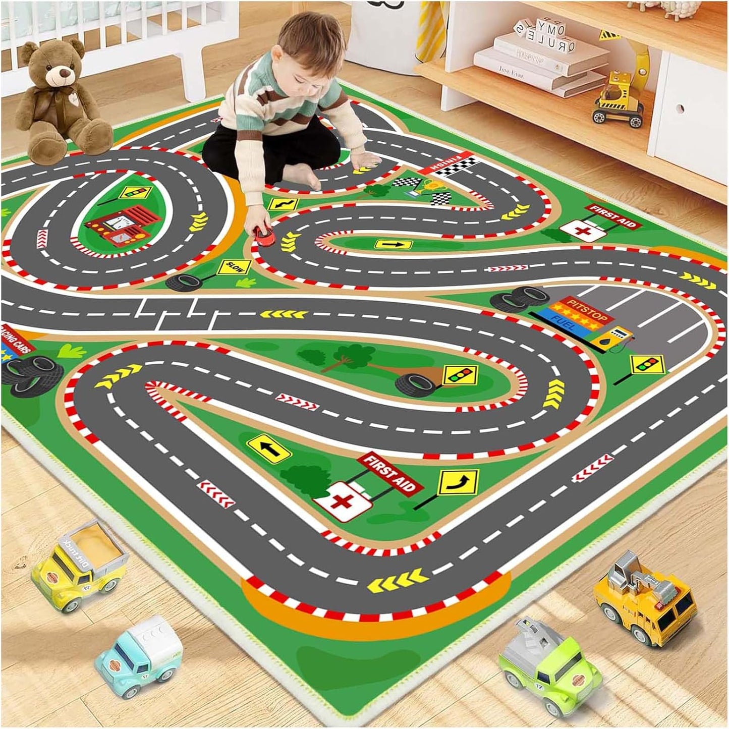 Kids Rug Play mat Playroom Rugs Car Rugs for Kids Toy Cars Race Track for Classroom Rug (Race-Green, 5.2x7.9ft)