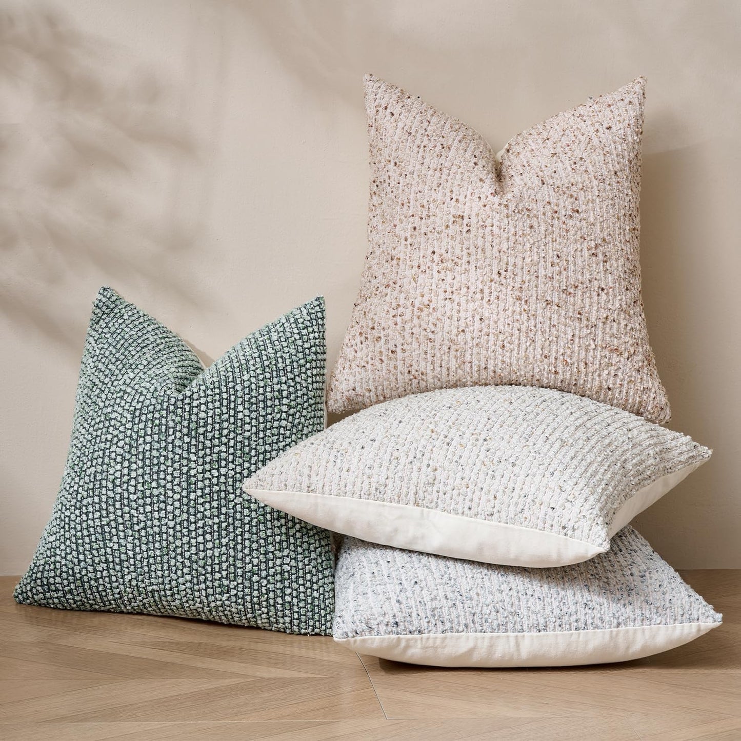 Striped Throw Pillow Covers 18x18 Set of 2 Beige Textured Boucle Chic Morden Boho Accent Farmhouse Square Decorative Couch Pillow Covers for Home Decor Bed Sofa Living Room