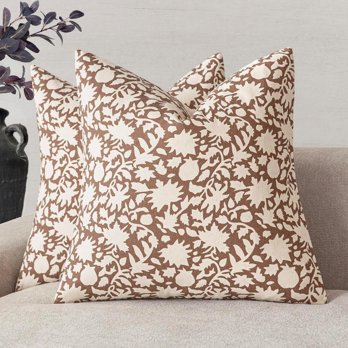 Foindtower Set of 2 Decorative Neutral Floral Throw Pillow Covers Accent Farmhouse Cushion Covers Boho Pillowcase for Couch Sofa Bedroom Living Room Home Decor Outdoor,24×24 Inch,Light Orange Brown