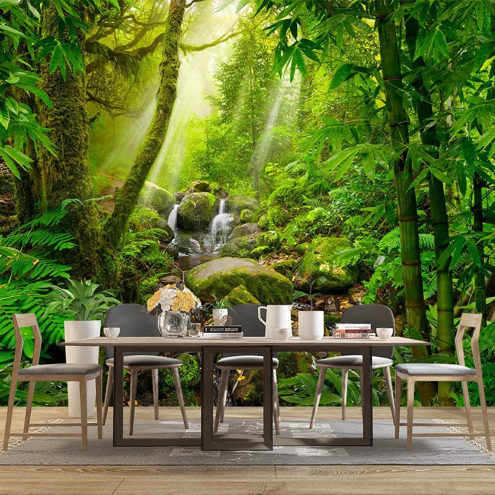 Green Forest Tropical Rainforest wallpeper Living Room Bedroom Nature Jungle Landscape Office Woodland Scenery Tree Wall Mural - 137"x96"（Not Peel and Stick）