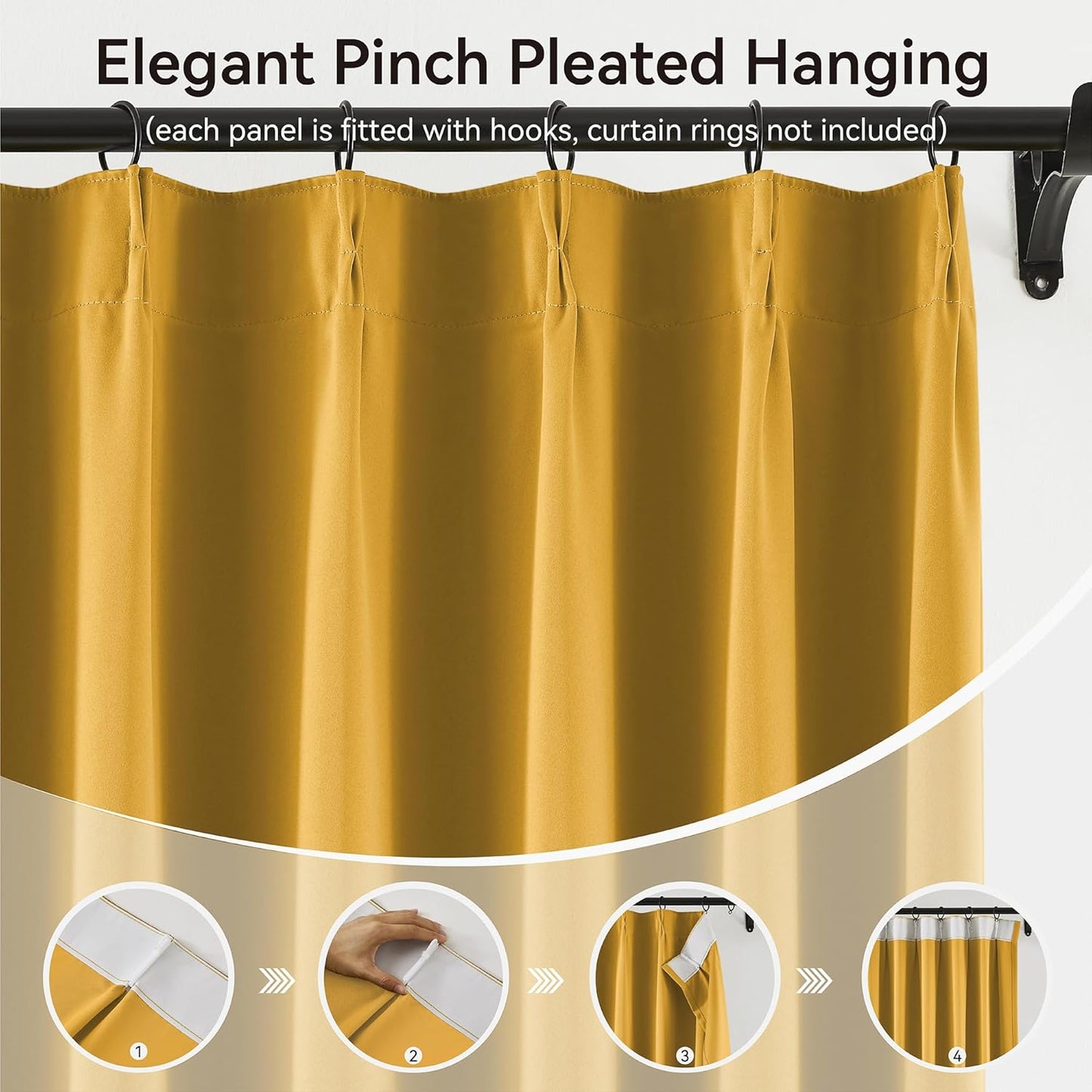 Yellow Window Curtain Panels 96 Inches Long 2 Panels Set-Pinch Pleated Room Darkening Solid Gold Curtains for Living Room Sun Room with Hooks, Soft & Vertical Modern Lush Decor,40x96 Inch