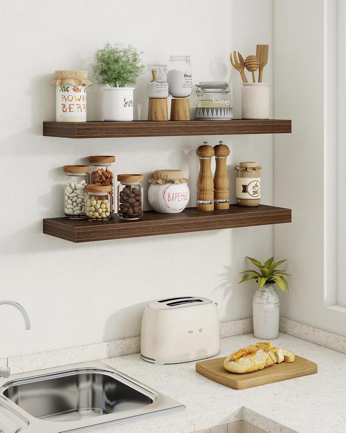 Marsmiles 48" Floating Shelves for Wall, Wooden Shelves with Invisible Brackets Set of 2, Rustic Farmhouse Wall Mounted Shelf for Kitchen Bathroom Living Room Study, Walnut