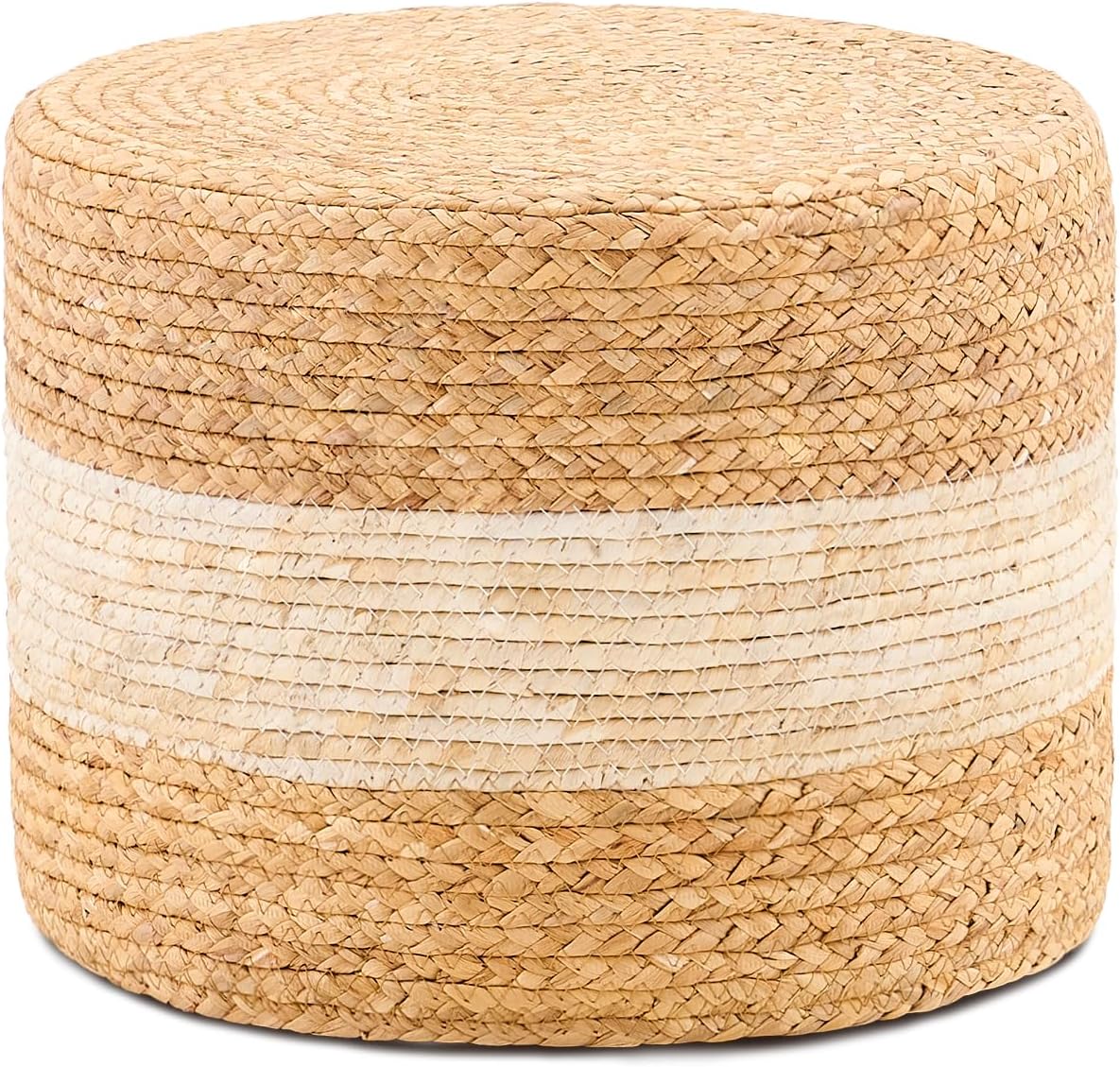 Handwoven Water Hyacinth Ottoman Pouf, Round Outdoor Footstool with Sturdy Frame, No Assembly Needed, Boho Accent Stool for Indoor & Outdoor Use – Patio, Balcony, Living Room (White)
