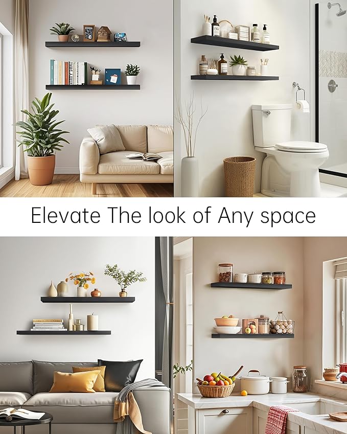 BAYKA Floating Shelves for Wall, 36 inches Long Wall Mounted Rustic Wood Shelves for Bathroom, Bedroom, Living Room, Kitchen, Office, Hanging Shelf for Books/Storage/Decor(Black,Set of 2)