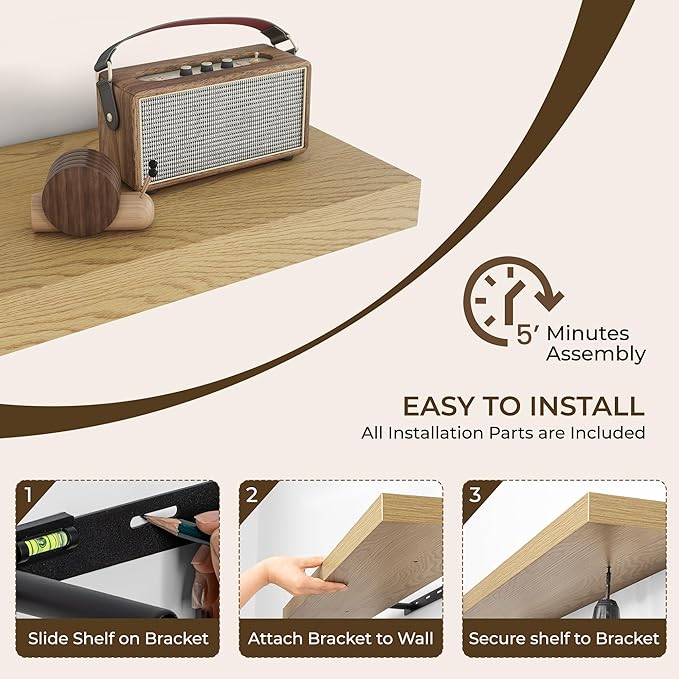 RICHFOCUS 24Inch Floating Shelves for Wall 2 Pack Shelves for Bedroom|Kitchen|Bathroom Wall Mounted Rustic Wood Floating Shelf with Invisible Brackets for Books|Storage|Decor, Oak