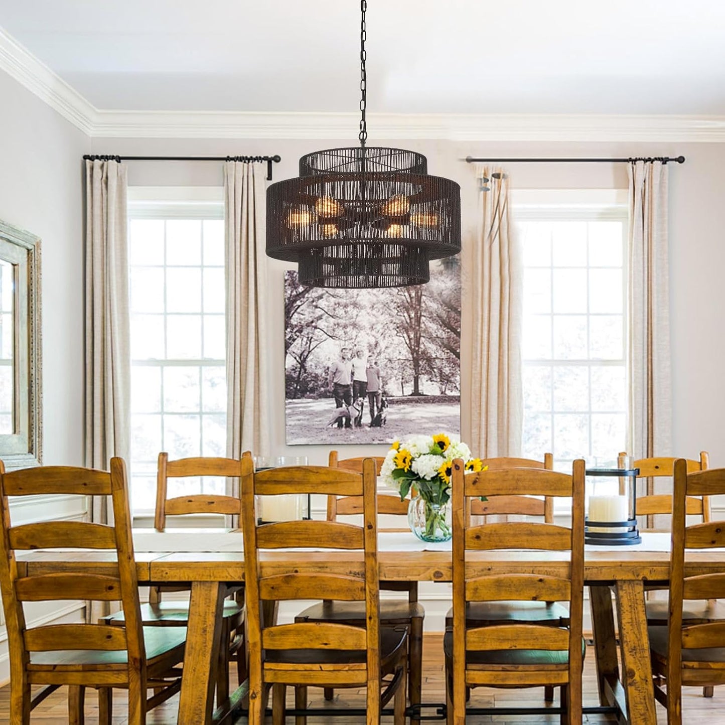 Hand-Woven Rattan Chandelier Vintage 6-Light Farmhouse Boho Bamboo Chandeliers Light Fixture 23.6" Retro 3-Tier Drum Wicker Rattan Black Chandelier for Dining Room, Kitchen Island, Bedroom