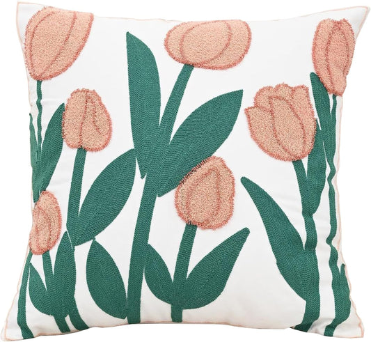 Embroidered Floral Pillow Case Spring Romantic Flower Throw Pillow Cover Soft Decorative Cushion Covers for Bed Sofa Living Room Pink Tulip