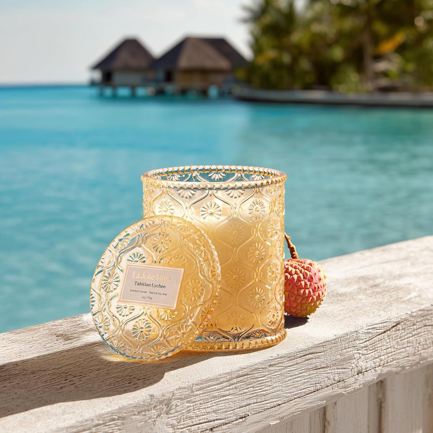 LA JOLIE MUSE Tahitian Lychee Candle - Lychee, Melon, Pineapple | 6 oz Natural Soy Wax | 40 Hours Clean Burn | Tropical Fruit Candle | Gift for Little Getaway