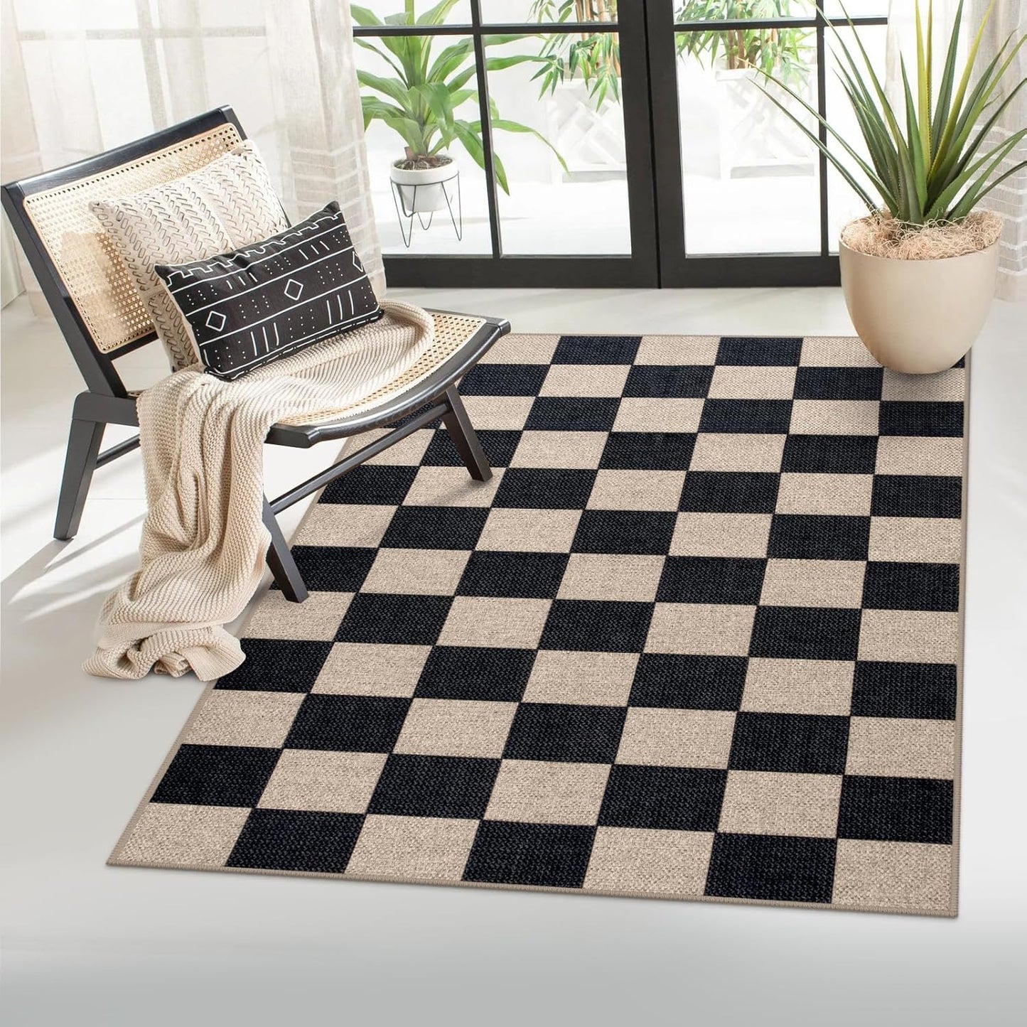 Lahome Checkered Easy Jute Carpet, 3x5 Outdoor Patio Rug Washable Rugs for Entryway Checkerboard Indoor Outdoor Living Room Classroom Carpet, Farmhouse Neutral Non Slip Black Door Mat for Bedroom