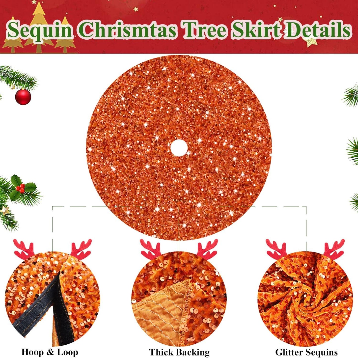 Orange Christmas Tree Skirt 21 Inch Sequined Xmas Tree Mats High-end Small Halloween Tree Skirt Velvet Fabric Christmas Tree Carpet Glitter Christmas Tree Skirt for Halloween Xmas New Year Party Decor