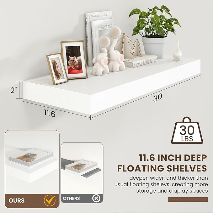 Deep Floating Shelves for Wall | 30 Inch Wide x 12 Inch White Floating Shelves | 30W x 12D Rustic Wood Wide Shelves | Deep Large Shelves for Wall | Bookshelf Laundry Shelf TV Shelf
