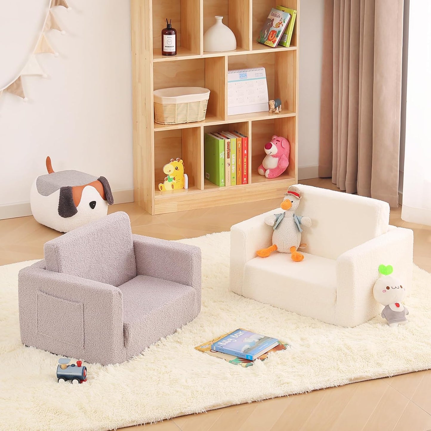 Toddler Chair Sherpa Kids Couch, 2-in-1 Soft Kids Sofa Lounger for Bedroom, Convertible Couch for Girls and Boys, Reading Chair, Beige