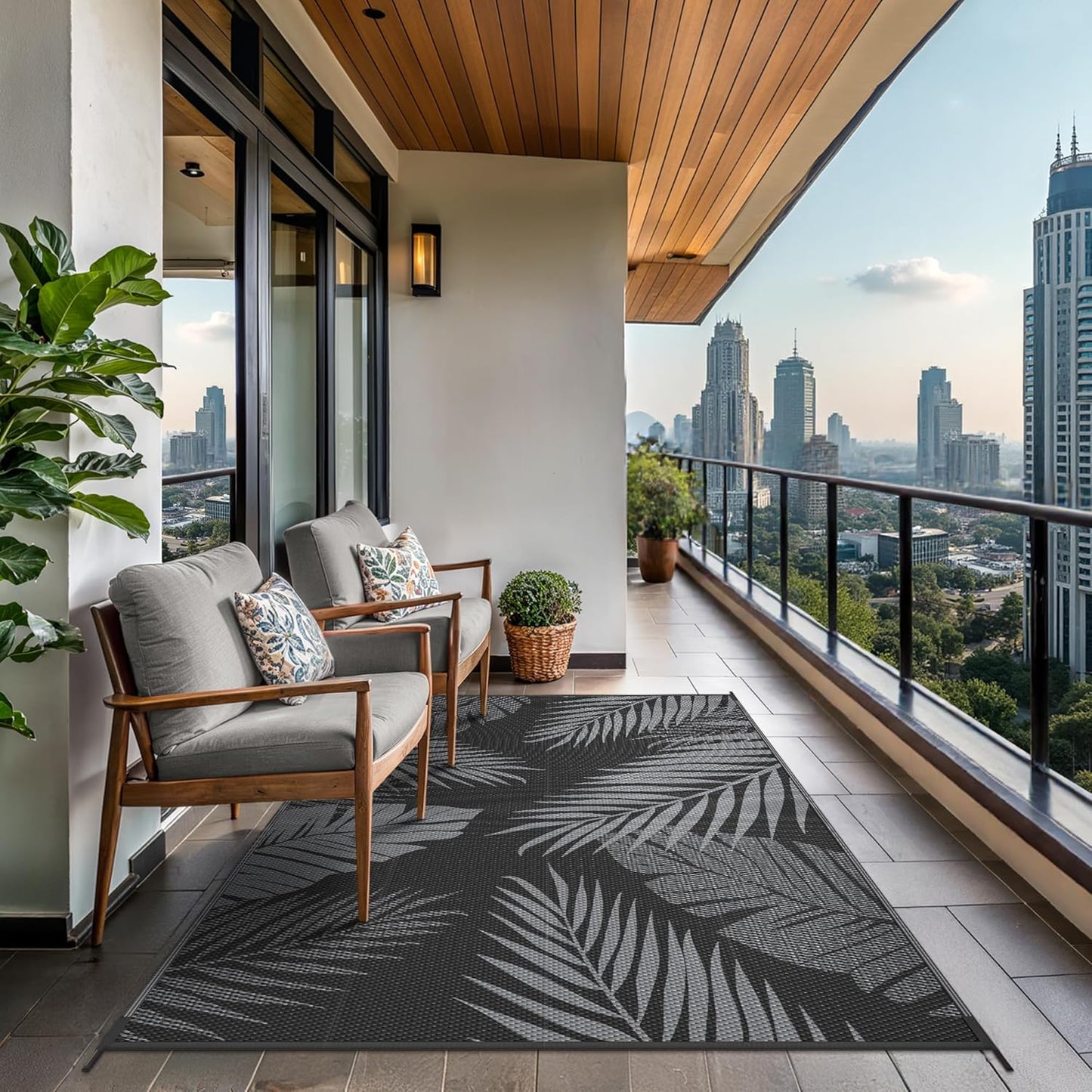 GENIMO Outdoor Rug 8' x 10' Waterproof for Patios Clearance, Reversible Outdoor Plastic Straw Camping Rug Carpet, Large Area Rugs Mats for RV, Camper, Deck, Balcony, Porch, Beach, Picnic, Black&Grey