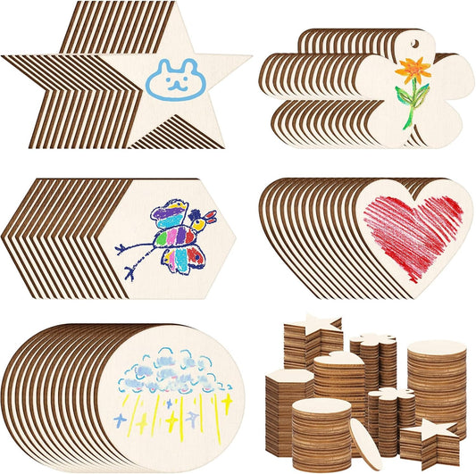 Hilitchi 200Pcs Multi Shape Unfinished Wooden Crafts DIY Wooden Cutouts Star Flower Circle Hexagon Heart Shapes Unfinished Wood Slices Ornament for DIY Crafts Home Decorations