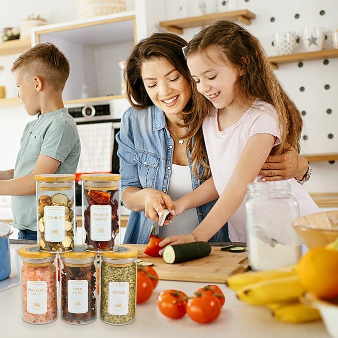Spice Jars with Labels, 30Pcs 6oz Glass Spice Jars with Bamboo Lids, Minimalist Stackable Airtight Spice Containers with 426 labels for Kitchen Seasoning, Tea, Herbs, Coffee, Sugar,Shells