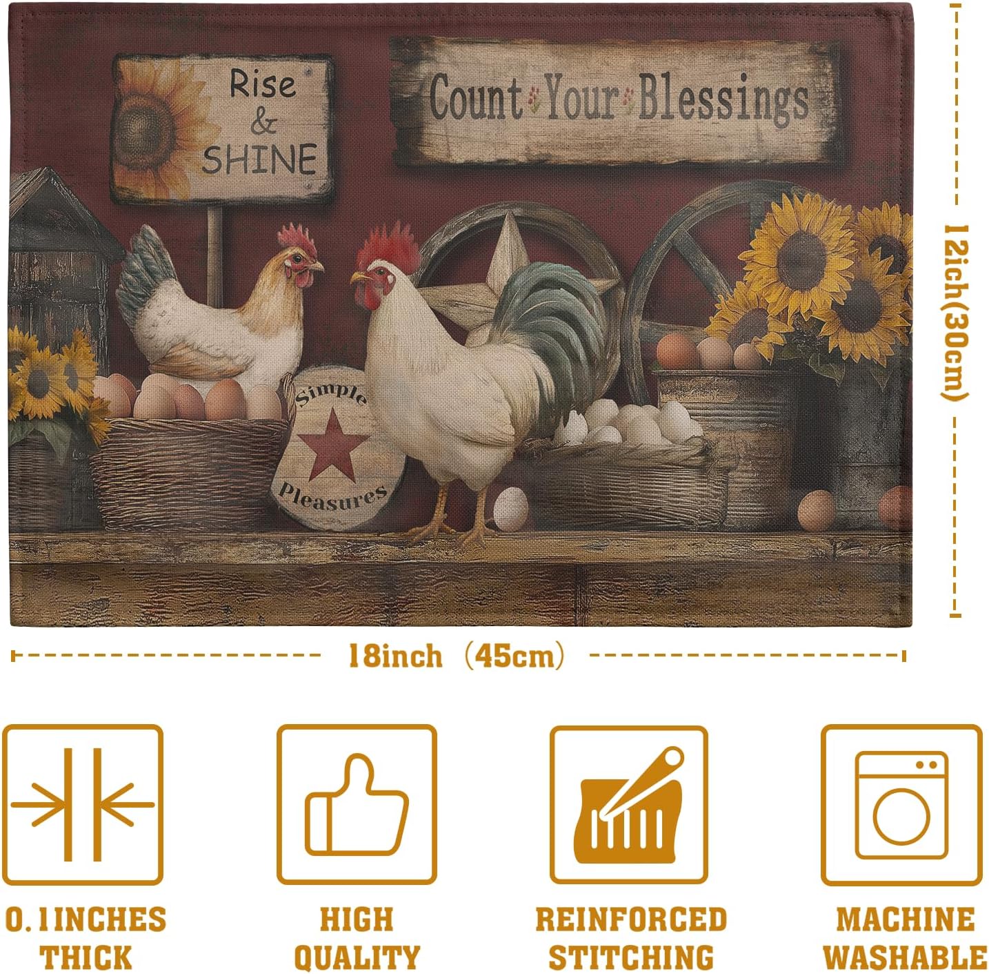 Farmhouse Rooster Placemats Set of 4 Farm Animal Chicken Place Mats 12x18 Inch Vintage Rustic Country Linen Table Mat Washable Non-Slip Placemat for Party Kitchen Dining Decor