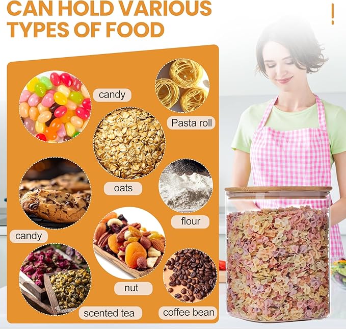 Glass Food Storage Jars 150 Set of 2,Glass Storage Containers Clear Glass Food Canister with Bamboo Lid Airtight For Serving Tea, Coffee, Flour, Sugar, Candy, Cookie, Spice and More (Square)