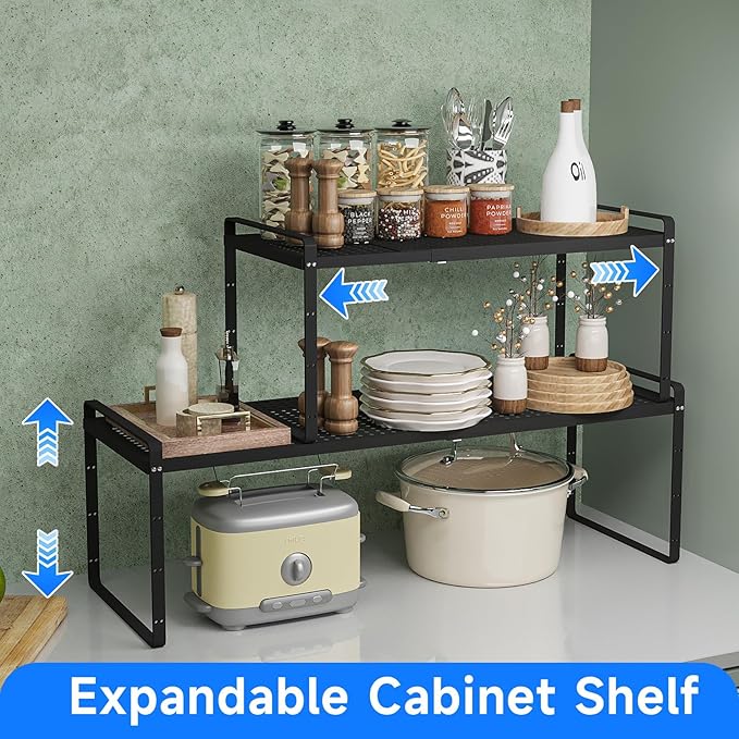 Expandable Cabinet Shelf Organizers, Kitchen Small Stand Rack Organization for Countertop Cupborad Pantry, Black 1 Pack