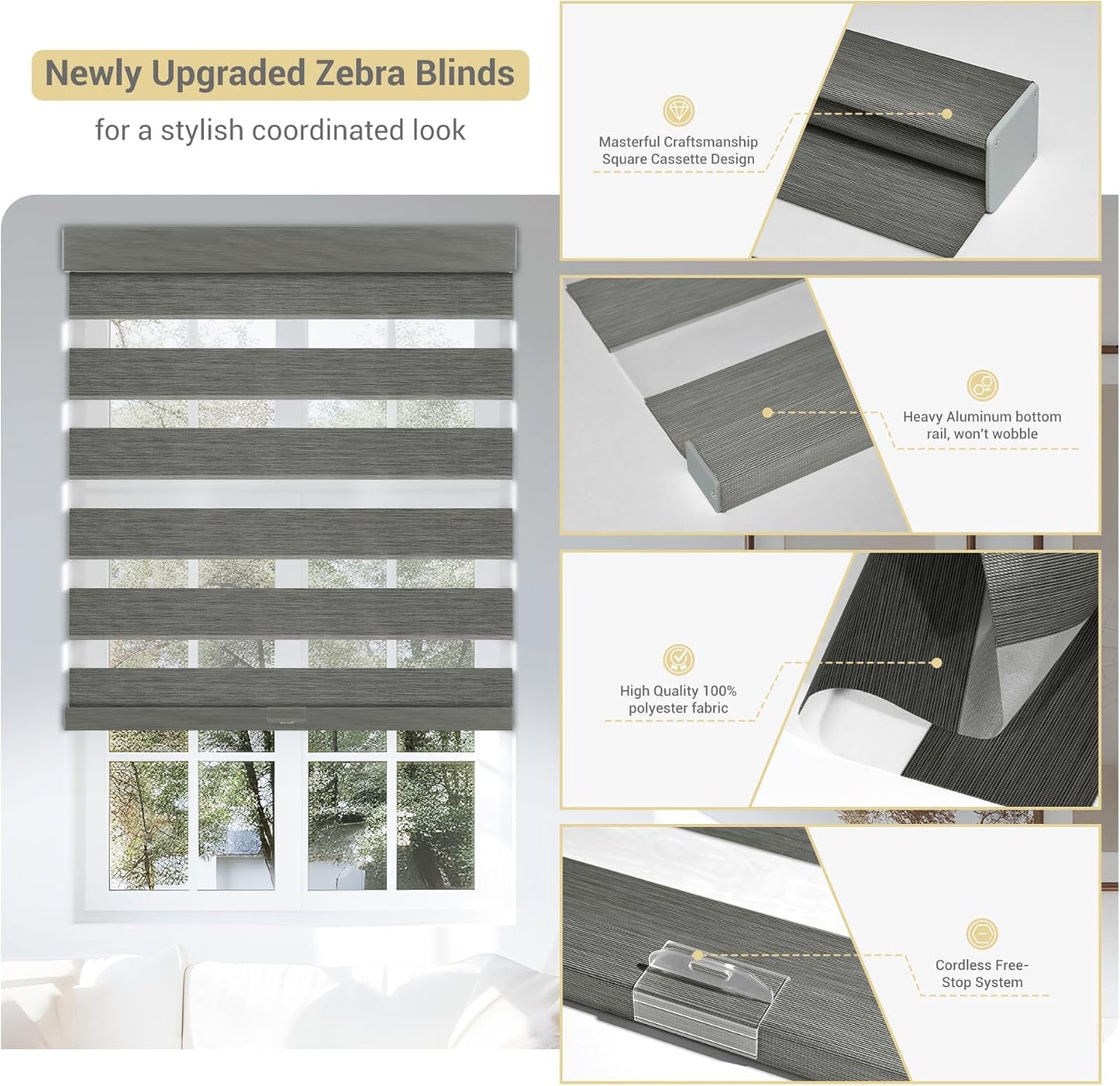 Cordless Zebra Blinds for Windows, Blackout Interior Blinds,Easy to Install,UV Protection,for Offices and Home,Custom Roller Shades, Mousse Grey,62" W x 88" H