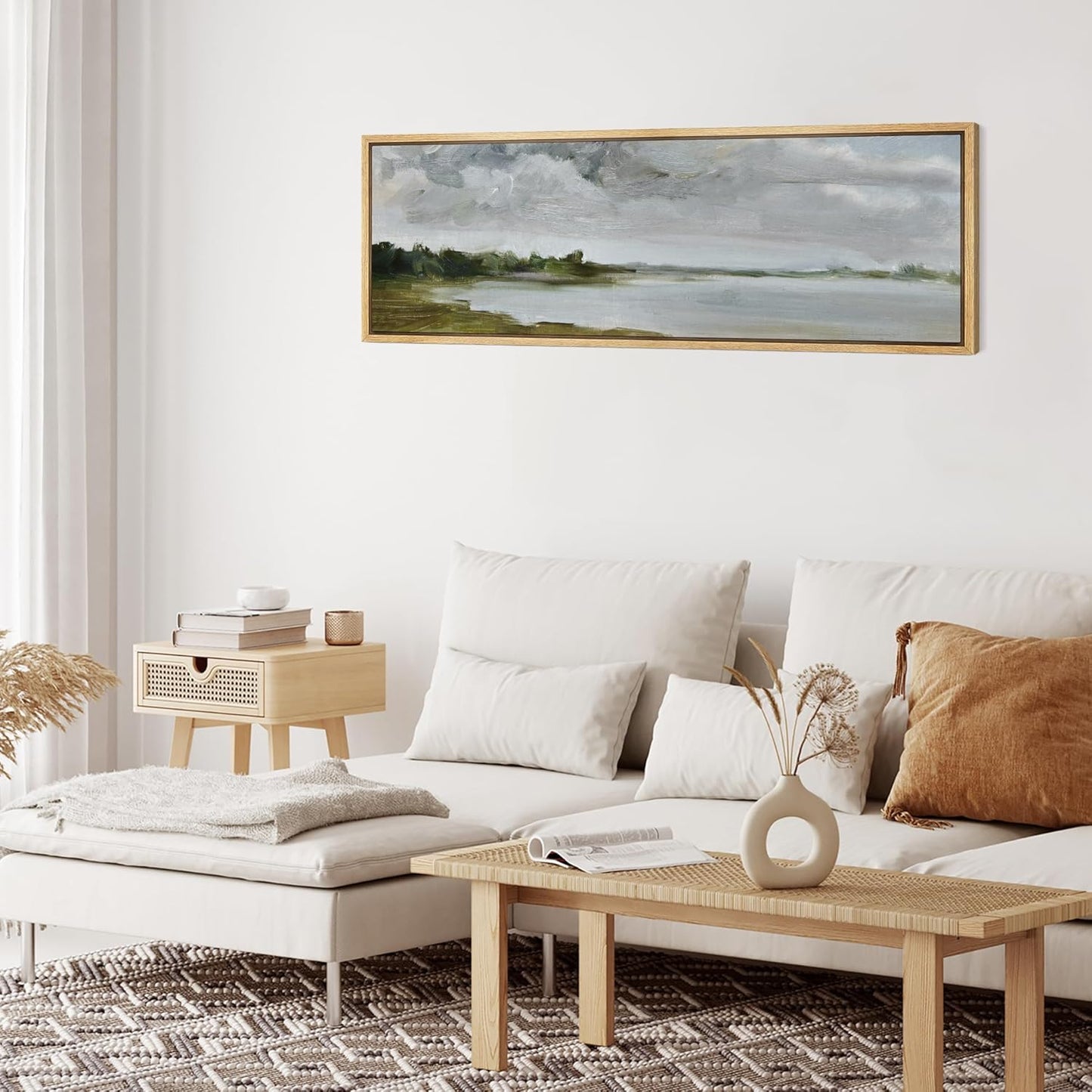 MUDECOR Large Framed Canvas Print Wall Art Tranquil Landscape Soft Brushstroke Lake Scene Illustrations Antique Retro Fine Art Illustrations Decorative Colorful for Bedroom - 60"x20"