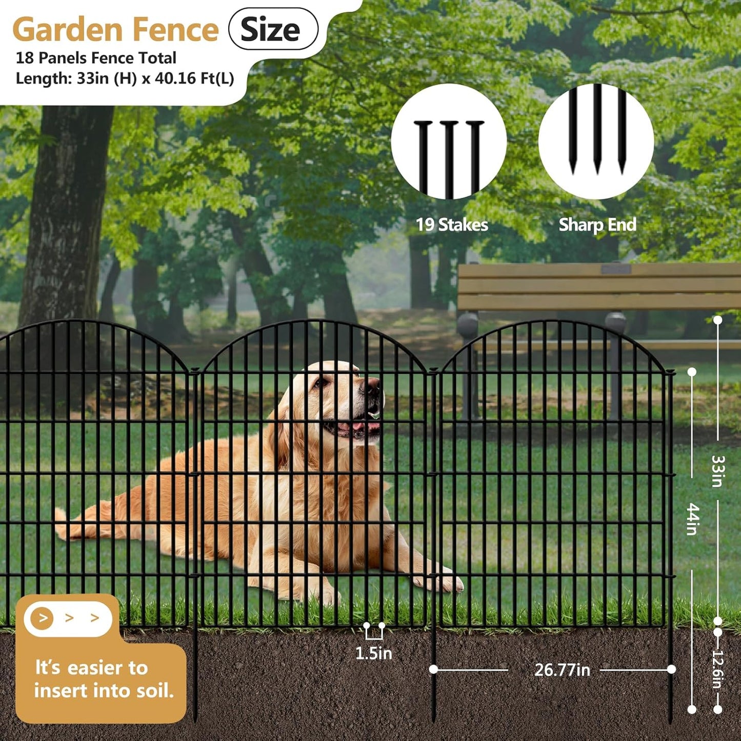 18 Panels Decorative Garden Fence, 33in (H) x 40.16 (L) No Dig Dog Fences Outdoor for Yard, Rustproof Tall Fencing Panel, Animal Barrier Suitable for Yard Border, Patio, and Temporary Camping Use