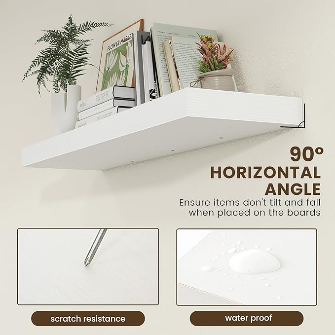 White Floating Shelves for Wall - 48 Inch Wide x 12 Inch Deep Wall Shelves Set of 1 - Rustic Wood Shelves for Living Room, Bathroom, Laundry Room, Bedroom, Kitchen, Home Office