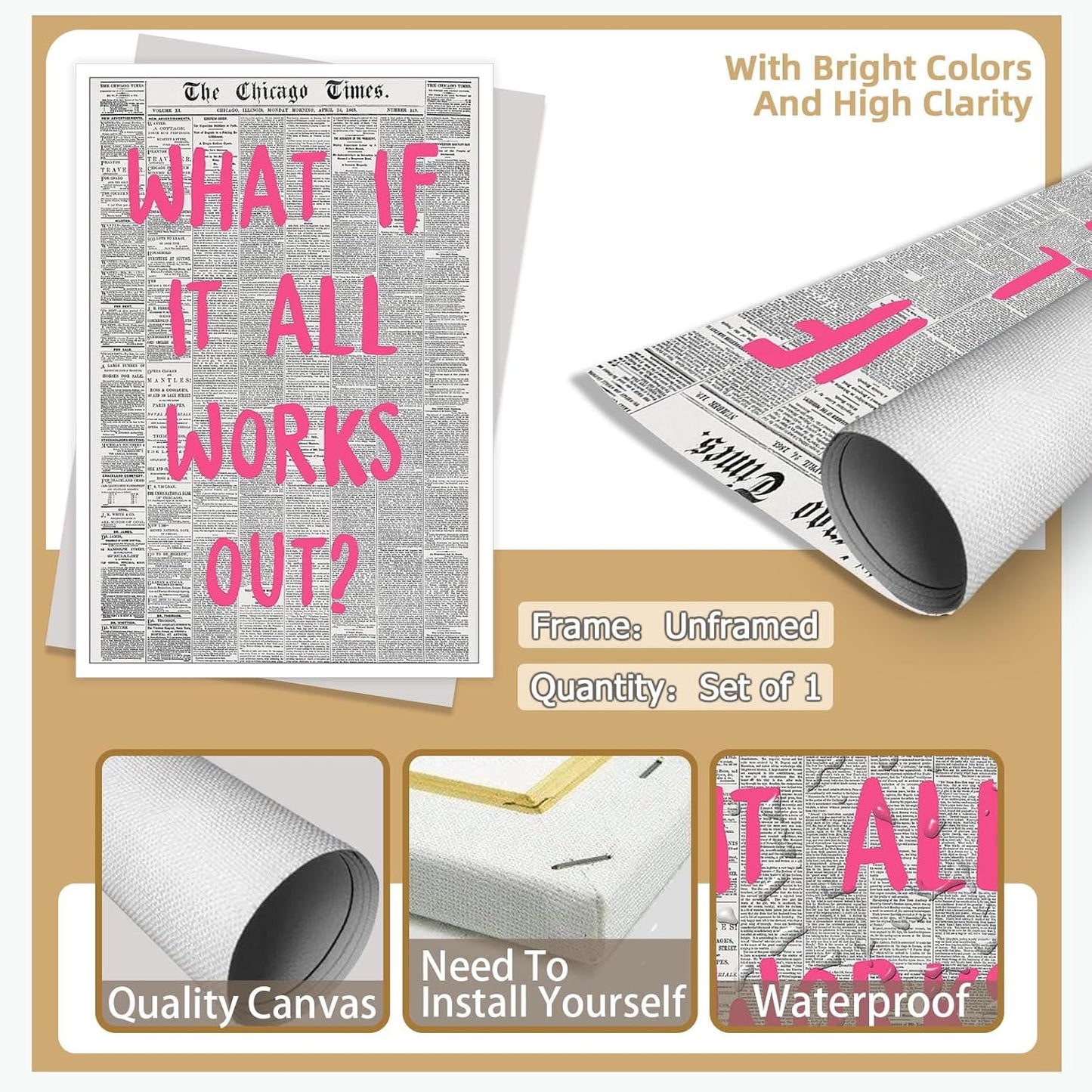 Liyark Retro Trendy Newspaper Canvas Wall Art - 'What If All Works Out' Poster - Positive Affirmation Quote - Pink Font - Minimalist Home Decor - 24x36in Unframed