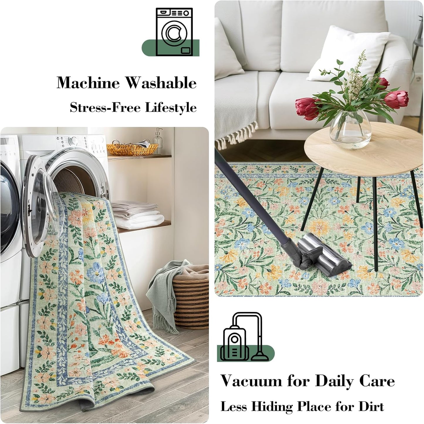 Wonnitar Boho Washable Rugs 8x10, Large Floral Rugs for Bedroom, 8 x 10 Soft Green Living Room Carpet, Non Slip Ultra-Thin Carpet for Kids Playroom Dorm Dining Room