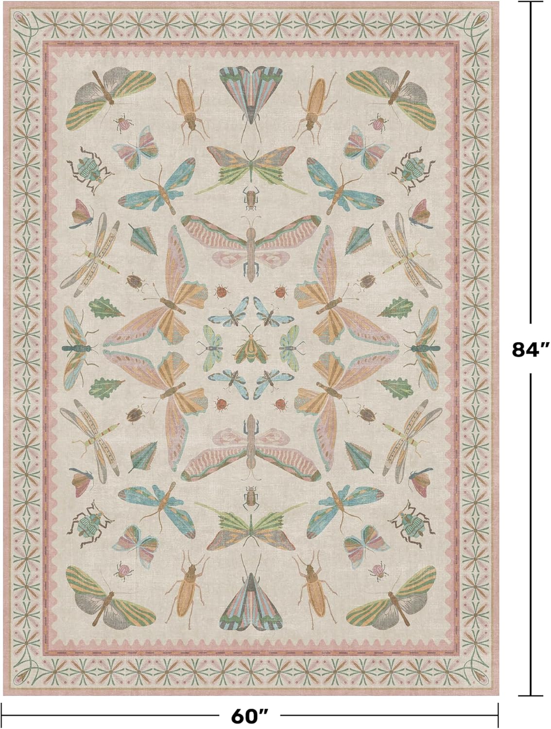 Light Pink Nursery Rug for Baby, Cute 5x7 Area Rugs for Girls Bedroom, Kids Room, Playroom, Whimsical Insect Butterfly Animal Print Decor, Washable & Ultra Soft & Stain Resistant