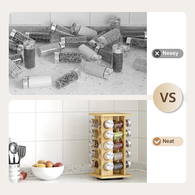 WelFurGeer Bamboo Spice Rack Organizer for Countertop, Revolving Spice Shelf with 20 Glass Jars, Lids & Labels, Desktop Rotating Seasoning Organizer for Kitchens, Space-Saving Design