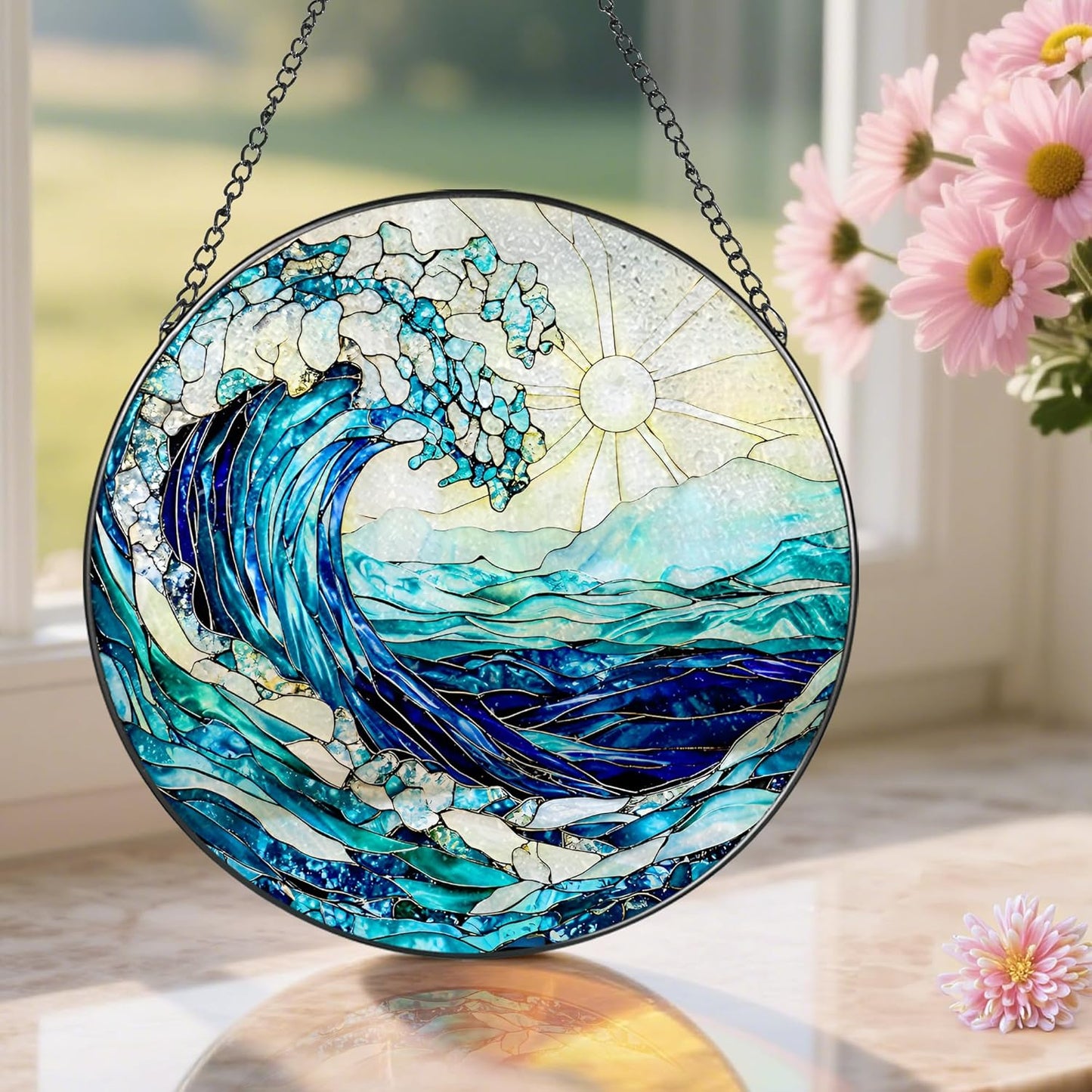Stained Glass Window Hanging, 8 Inch Ocean Waves Stained Glass Suncatcher, Window Hanging Decor, Beach Decor, Ocean Suncatcher Gift, Beach Lover Gift, Gifts for Couples Friends Family