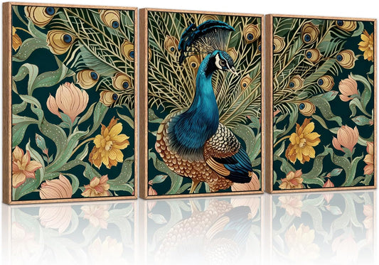 HLNIUC Peacock Framed Canvas Wall Art,Large Peacock Flower Wall Decor Set of 3(16”x24”)Modern Elegance Peacocks Floral Framed Painting,Vintage Beautiful Animal Feather Art Print for Living Room,Office
