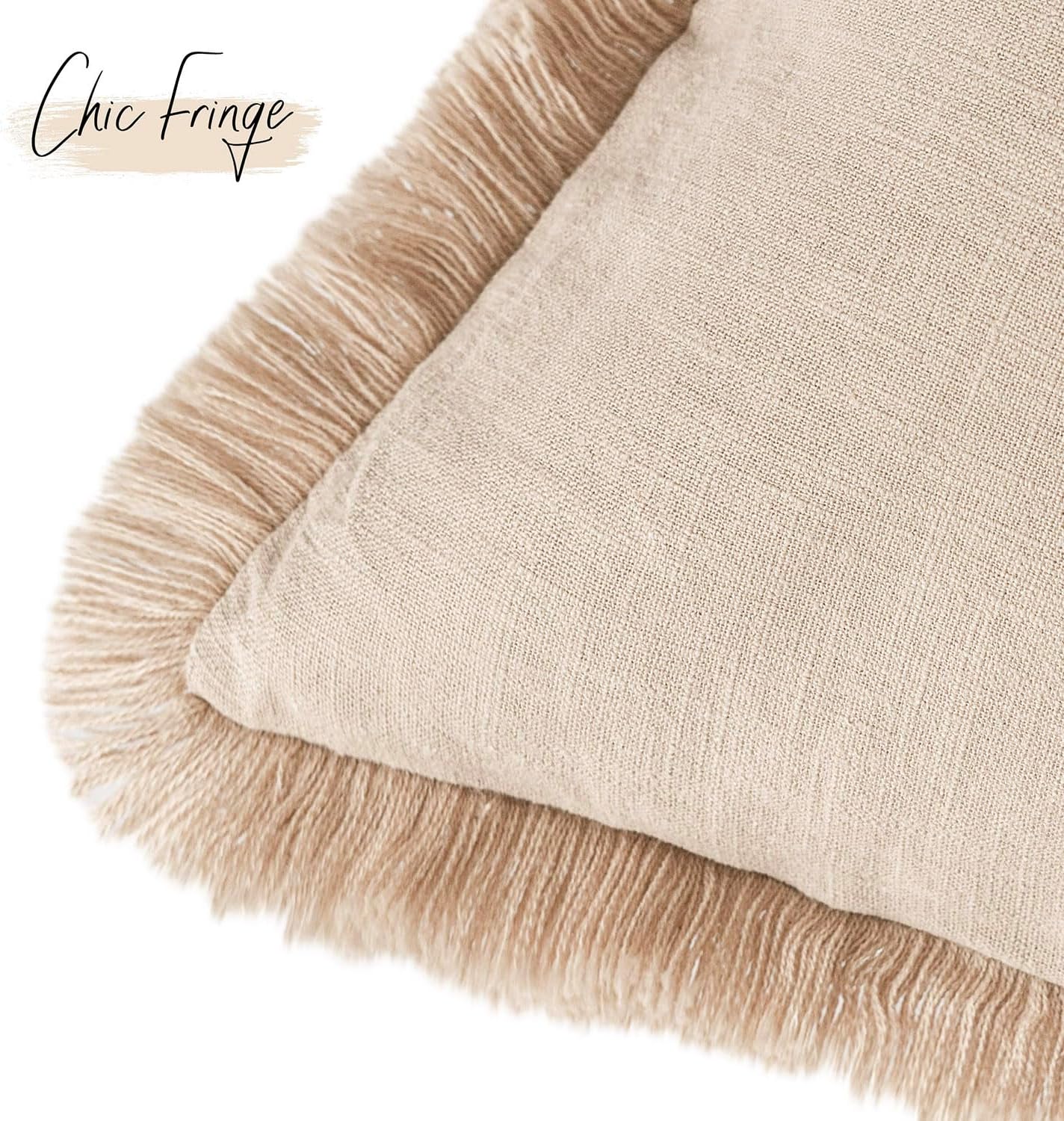 Foindtower Set of 2 Decorative Linen Fringe Throw Pillow Covers Boho Farmhouse Cushion Cover with Tassels Accent Pillowcase for Couch Chair Sofa Bed Living Room Home Decor,16×16 Inch,Tan Beige