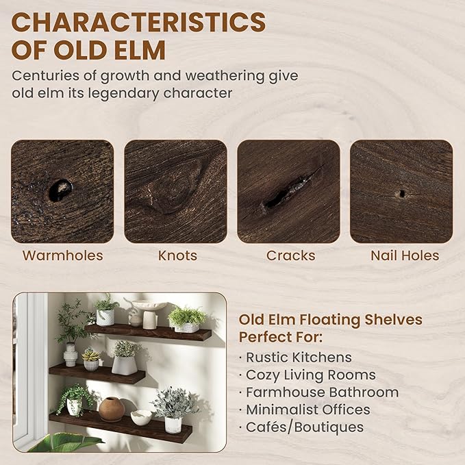 Wood Floating Shelves for Wall, 24" Floating Shelves Wall Mounted, Rustic Old Elm Wood Shelves for Home Decor, Heavy-Duty Storage Shelves for Books, Bathroom, Kitchen, Walnut Color, Set of 2