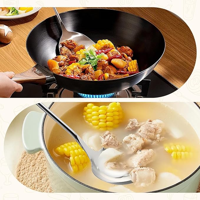 FJNATINH Wok Spatula and Ladle Tool Set - Stainless Steel Wok Tools,Wok Utensil,Mirror Polished Stainless Steel Cooking Utensils 14.6-15.2" Kitchen Utensils Cookware, Pack of 2