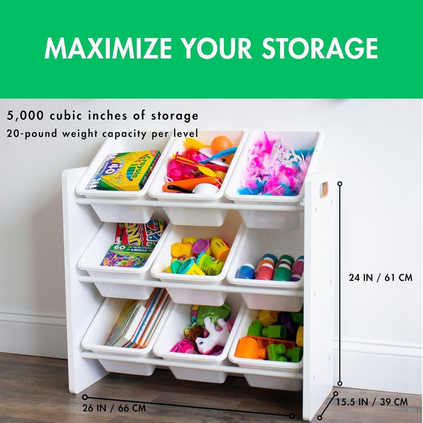 Humble Crew 9-Bin Toy Organizer – Cambridge White Plastic Bins, 3-Tier Storage Solution for Kids' Playrooms and Nurseries